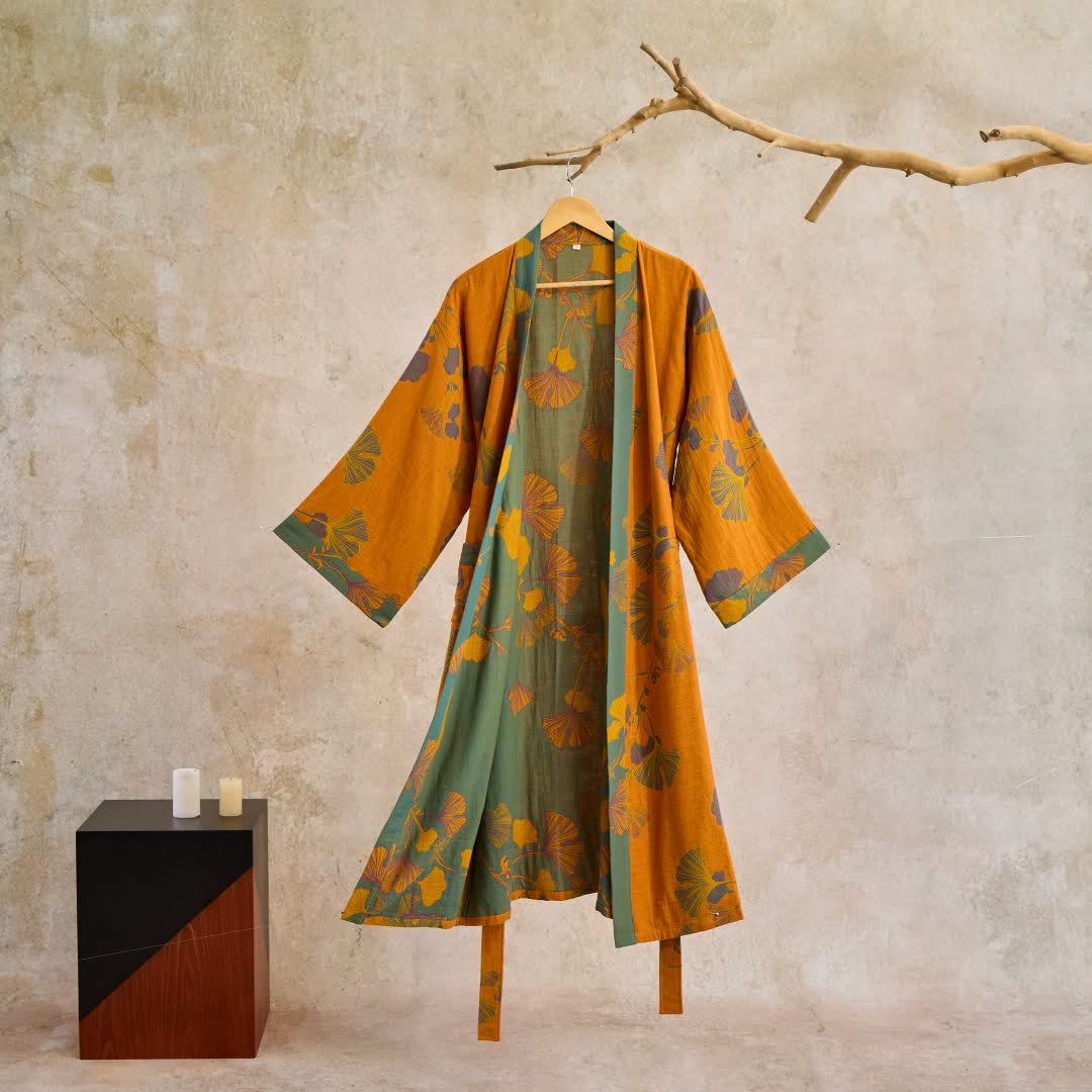 Katoenen Kimono met Groot Ginkgo Bladmotief – Dubbellaags Gaasweefsel Ochtendjas voor Dames en Heren Badstof Huisjas | Sulvida