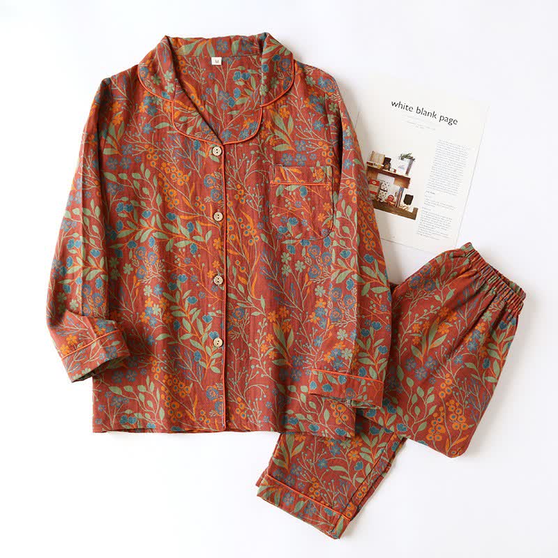 Vintage Loungewear Set met Blaaddessin - Katoenen Pyjama met Klassiek Jacquardpatroon voor Dames en Heren - Comfortabele Homewear | Sulvida