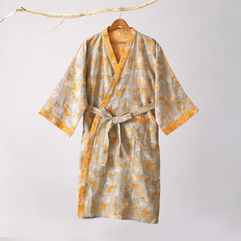 Luxe Katoenen Gaas Kimono Badjas met Ginkgo Biloba Print | Lichtgewicht Ochtendjas voor Dames en Heren | Ademend Dubbellaags Gaasweefsel | Sulvida