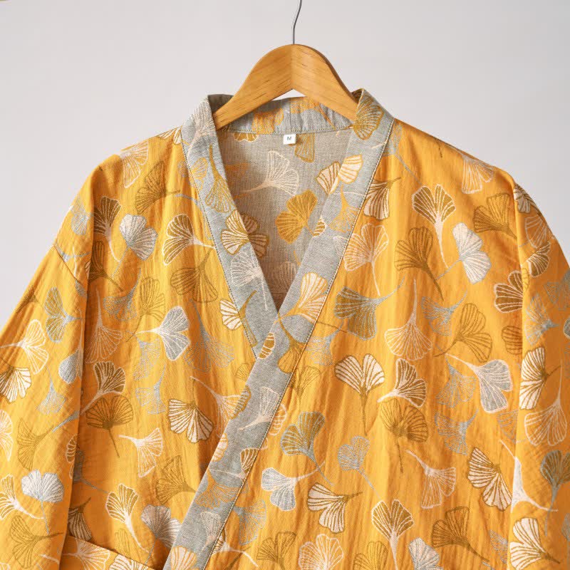 Luxe Katoenen Gaas Kimono Badjas met Ginkgo Biloba Print | Lichtgewicht Ochtendjas voor Dames en Heren | Ademend Dubbellaags Gaasweefsel | Sulvida