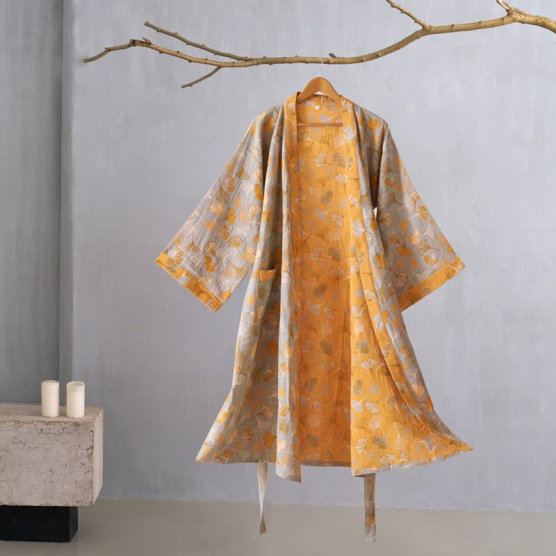 Luxe Katoenen Gaas Kimono Badjas met Ginkgo Biloba Print | Lichtgewicht Ochtendjas voor Dames en Heren | Ademend Dubbellaags Gaasweefsel | Sulvida