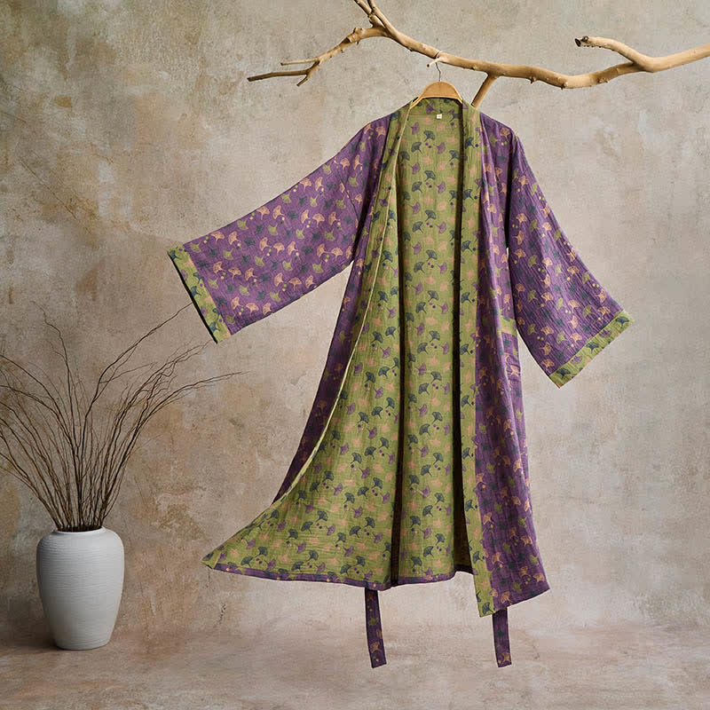 Katoenen Kimono Badjas met Ginko-Motief – Tweekleurige Ochtendjas van Ademende Katoenen Gaas – Unisex Nachtjapon met Verstelbare Taille voor Dames en Heren | Sulvida