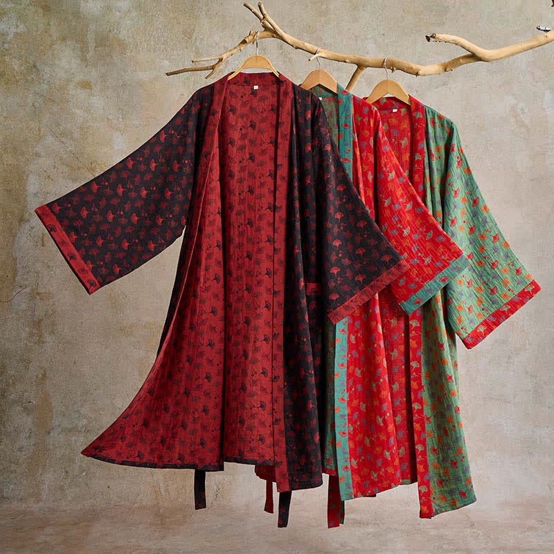 Katoenen Kimono Badjas met Ginko-Motief – Tweekleurige Ochtendjas van Ademende Katoenen Gaas – Unisex Nachtjapon met Verstelbare Taille voor Dames en Heren | Sulvida