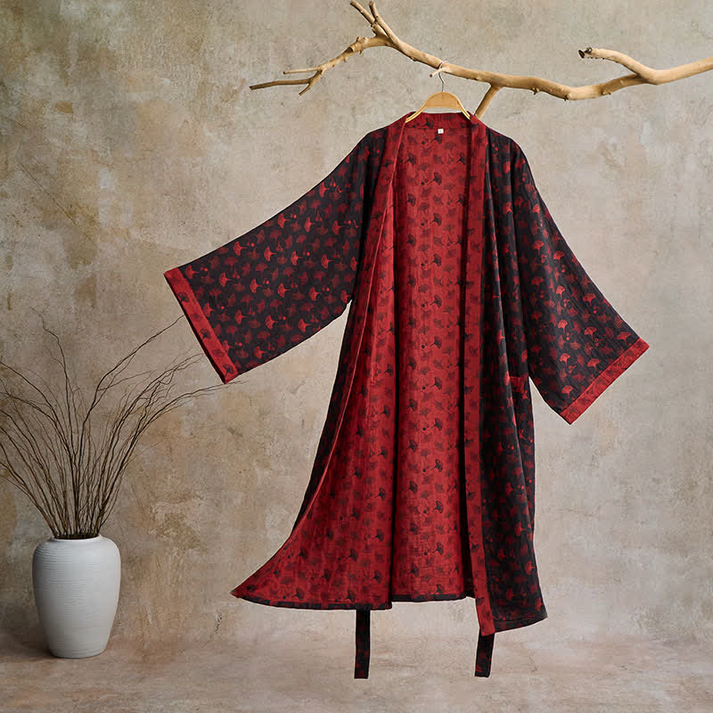 Katoenen Kimono Badjas met Ginko-Motief – Tweekleurige Ochtendjas van Ademende Katoenen Gaas – Unisex Nachtjapon met Verstelbare Taille voor Dames en Heren | Sulvida