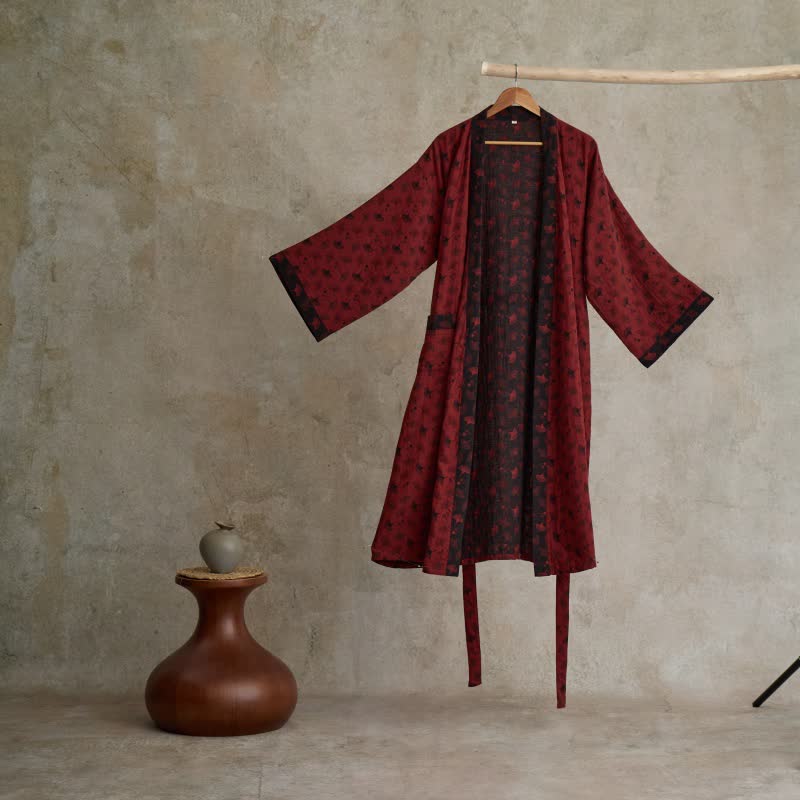 Katoenen Kimono Badjas met Ginko-Motief – Tweekleurige Ochtendjas van Ademende Katoenen Gaas – Unisex Nachtjapon met Verstelbare Taille voor Dames en Heren | Sulvida