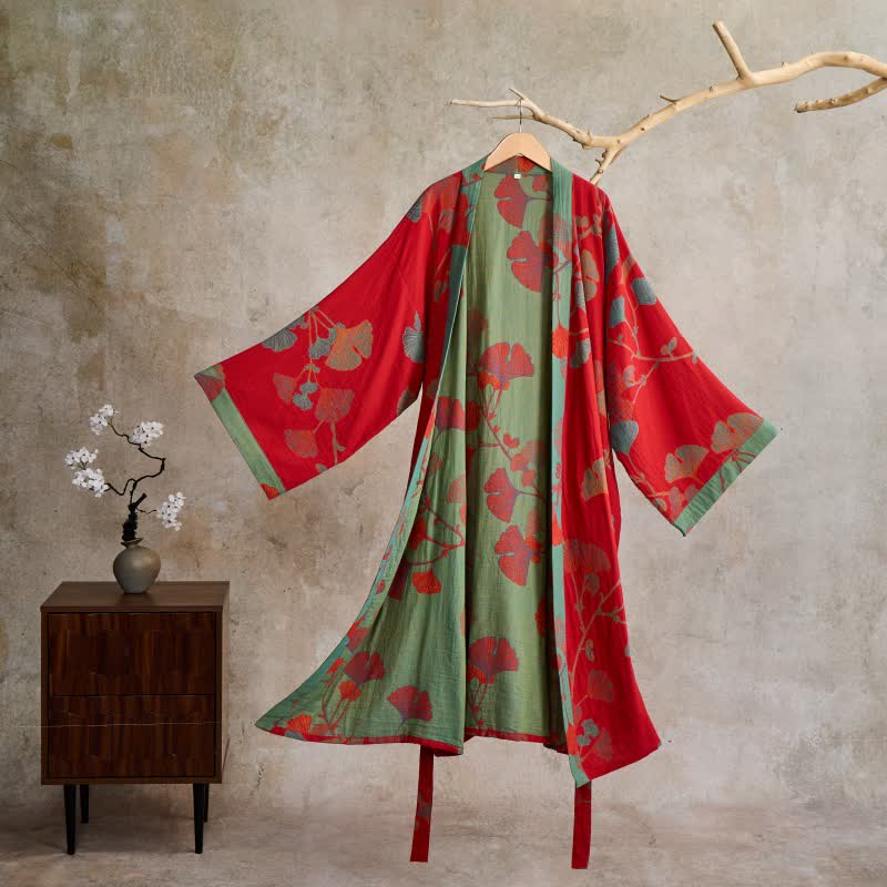 Organisch Katoenen Kimono Badjas met Ginkgo Bladeren Patroon – Omkeerbaar Tweekleurig Design voor Dames en Heren – Luchtige Gaas Kwaliteit – Luxe Loungewear met Bijpassende Riem | Sulvida