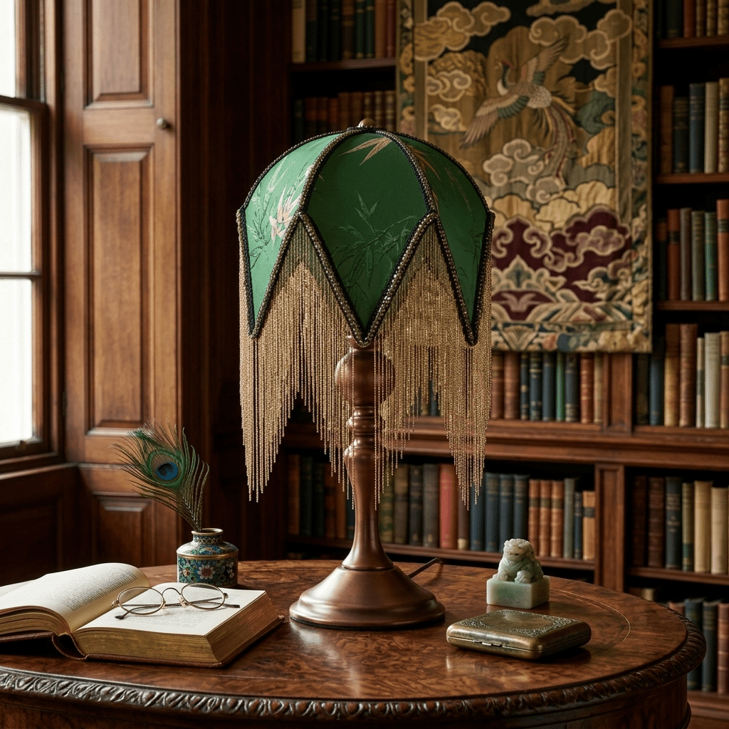 Tafellamp met Franjes Botanische Print E27 Fitting Massief Hout Groen Victoriaans Design Decoratief Sfeerlicht | Sulvida
