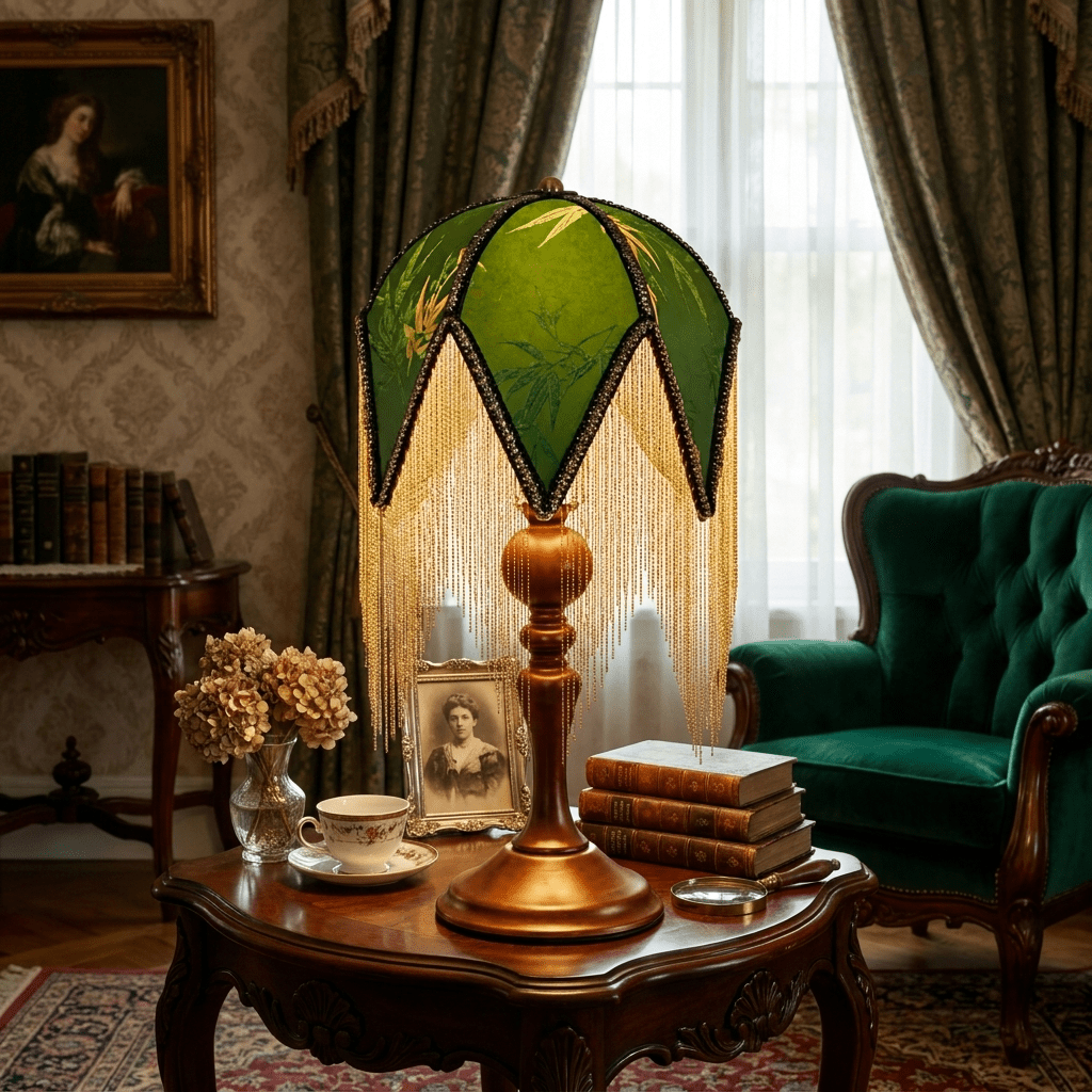 Tafellamp met Franjes Botanische Print E27 Fitting Massief Hout Groen Victoriaans Design Decoratief Sfeerlicht | Sulvida