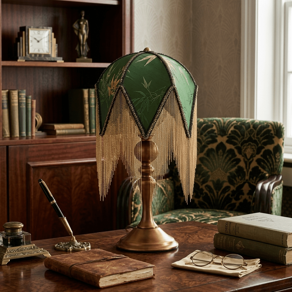 Tafellamp met Franjes Botanische Print E27 Fitting Massief Hout Groen Victoriaans Design Decoratief Sfeerlicht | Sulvida