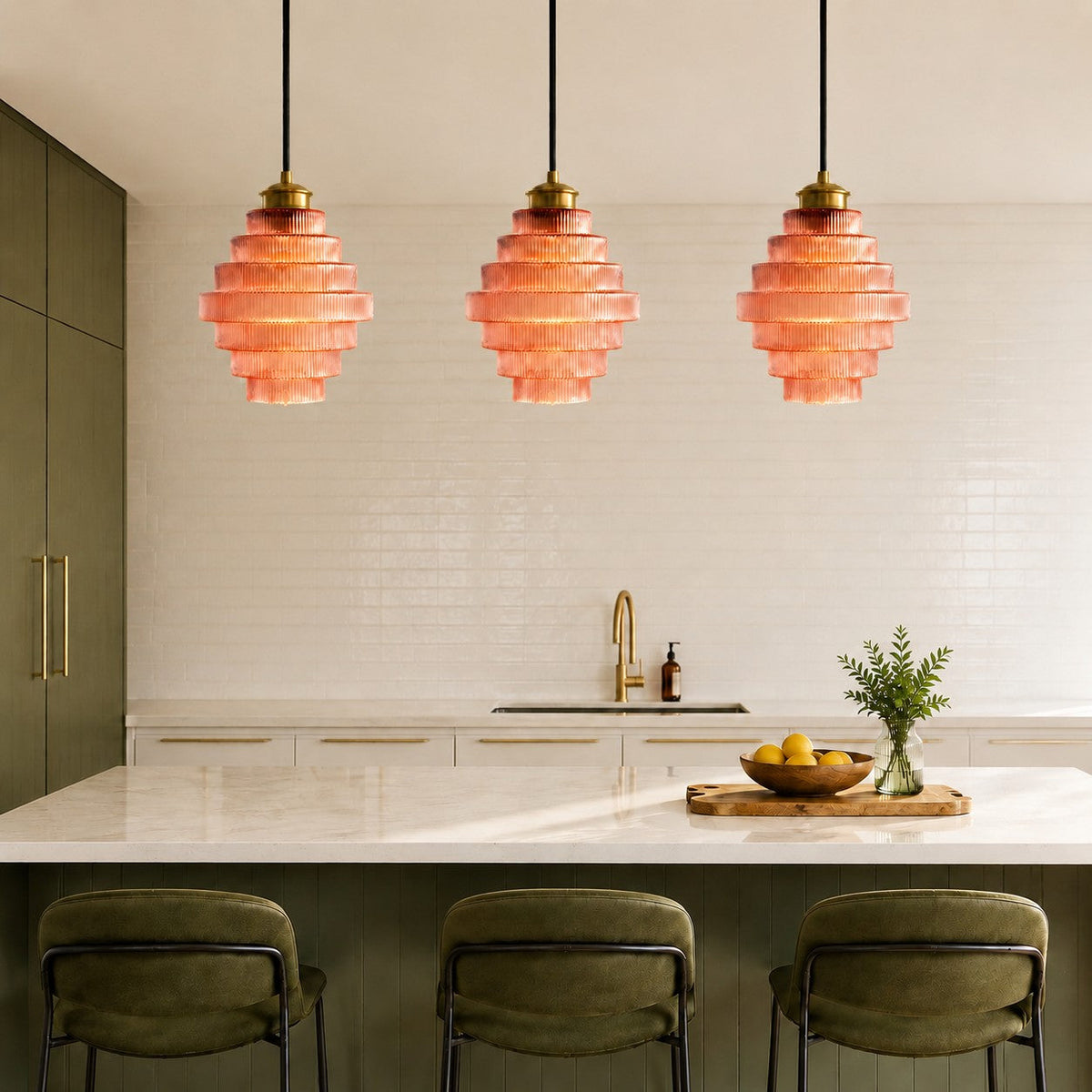 Geribbelde glazen hanglamp gelaagd flessendesign Art Deco vintage eetkamer keuken woonkamer slaapkamer | Sulvida