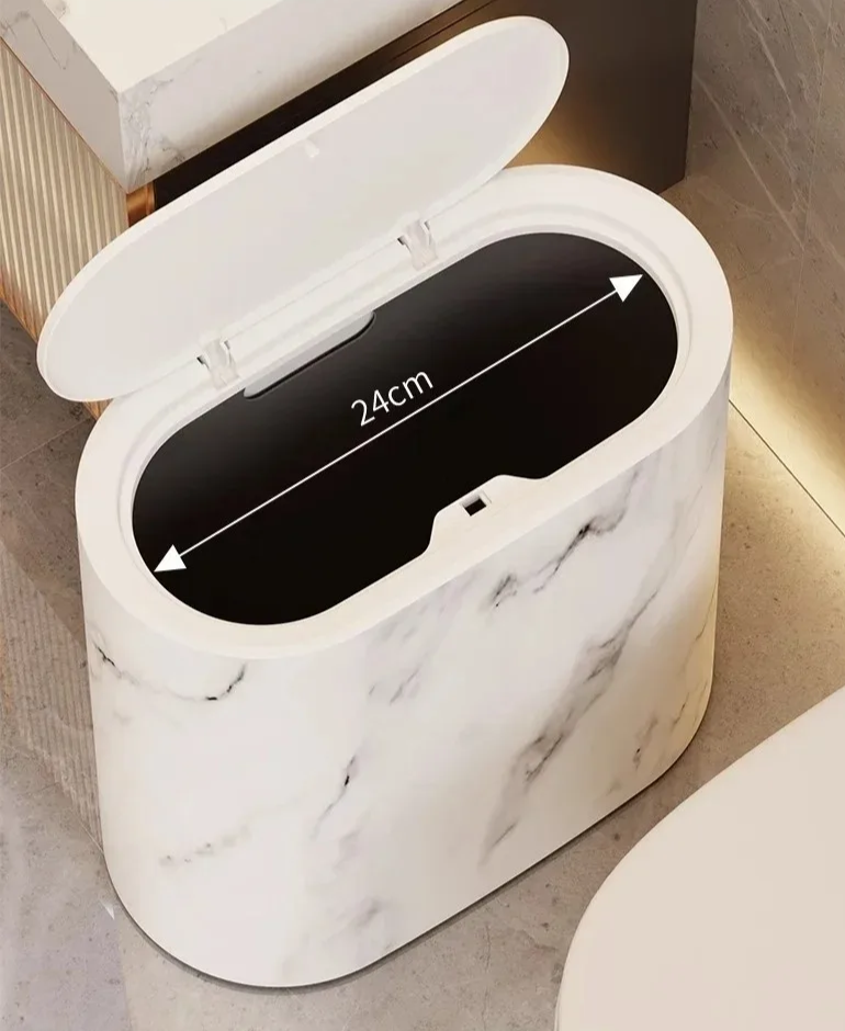 Ovale afvalbak met marmerpatroon drukdeksel prullenbak voor toilet badkamer keuken slaapkamer kantoor | Sulvida