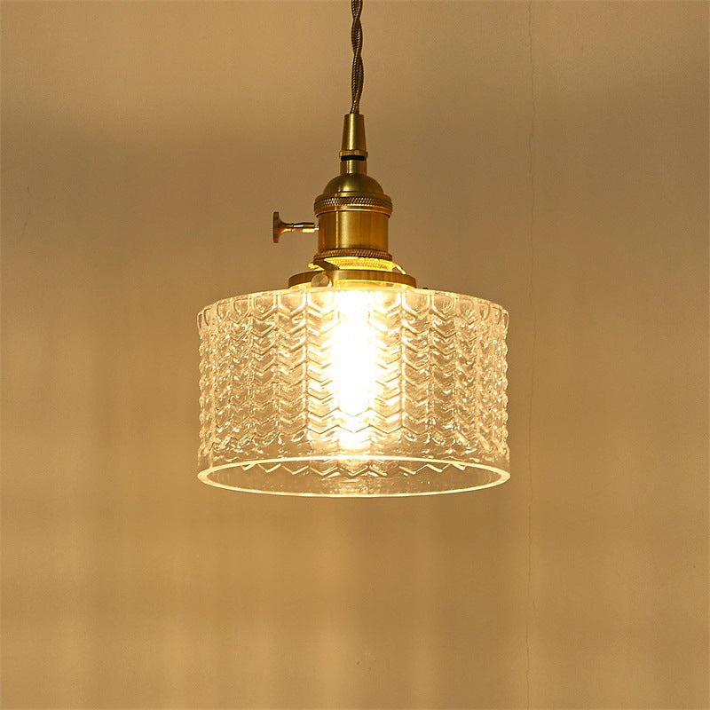 Glazen hanglamp cilindervorm gegolfd helder groen met draaiknop messing retro industrieel design eettafel | Sulvida