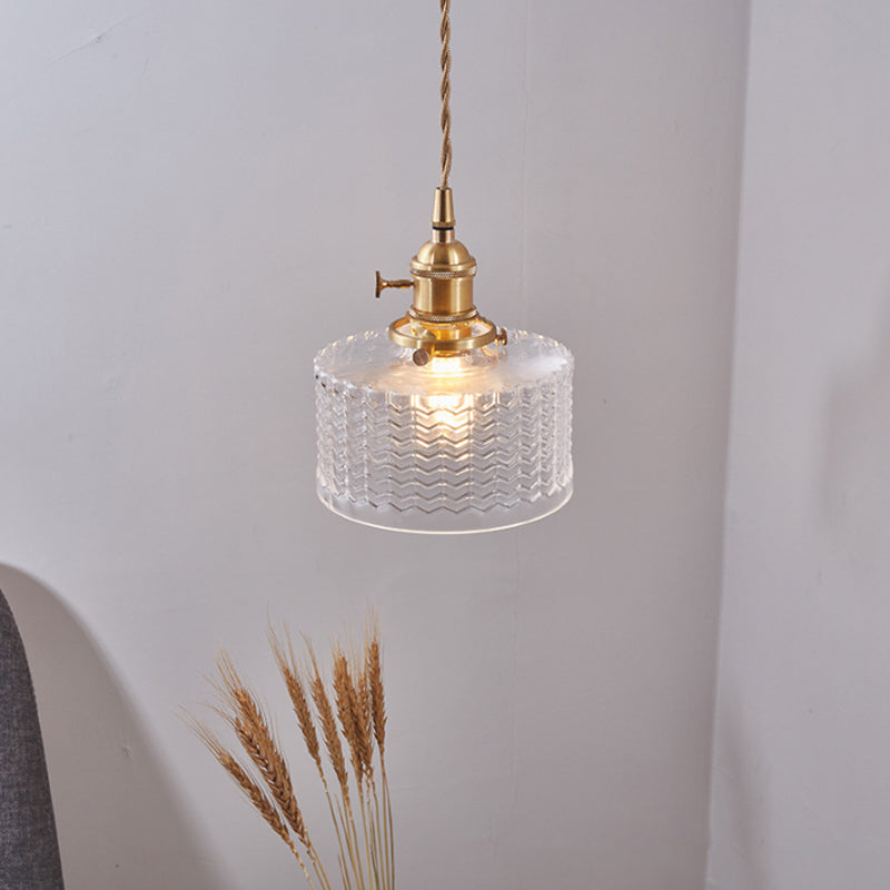 Glazen hanglamp cilindervorm gegolfd helder groen met draaiknop messing retro industrieel design eettafel | Sulvida