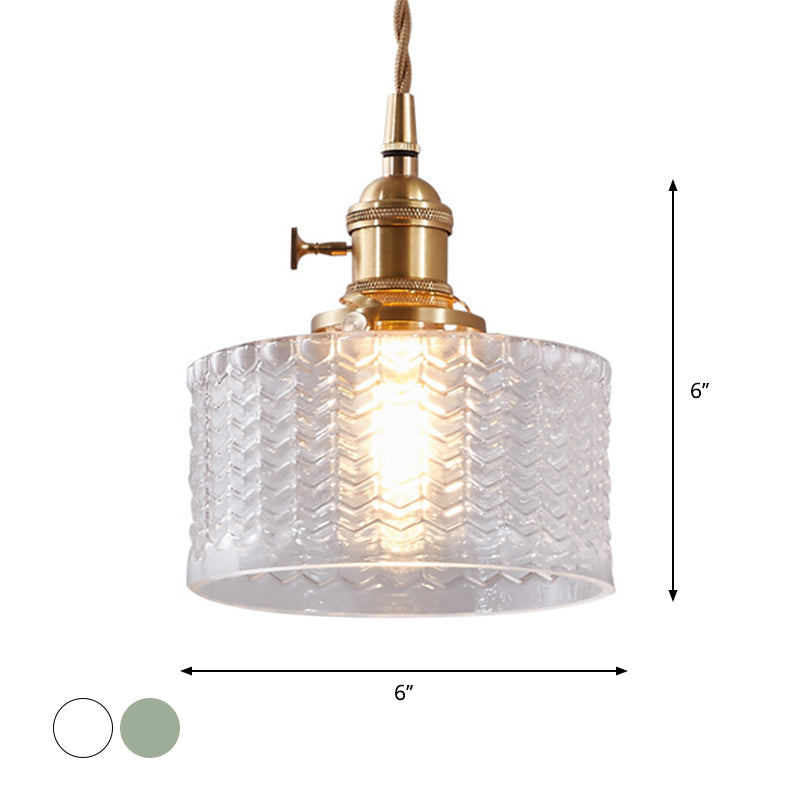 Glazen hanglamp cilindervorm gegolfd helder groen met draaiknop messing retro industrieel design eettafel | Sulvida
