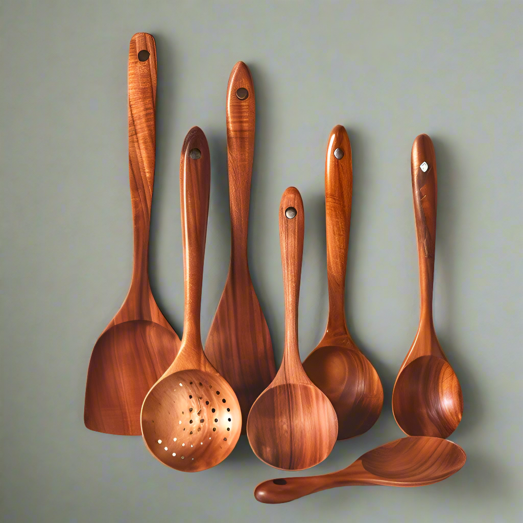 Set de cuillères de cuisine en teck antibactériennes - Set de spatules en bois durable résistant à la chaleur, ustensiles de cuisine pour cuisiner et pâtisser | Sulvida