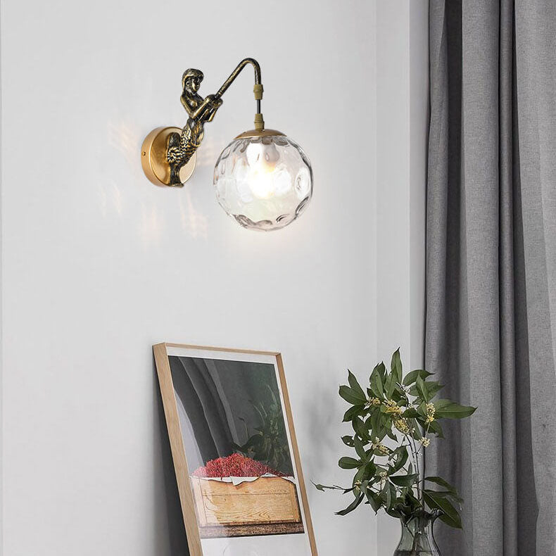 Retro Wandlamp Zeemeermin met Glazen Bol Zwart Goud Brons Landelijke Stijl Vintage Sfeerlicht Verlichting | Sulvida