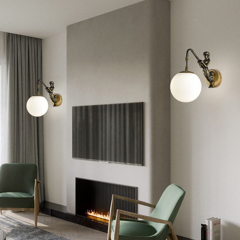 Retro Wandlamp Zeemeermin met Glazen Bol Zwart Goud Brons Landelijke Stijl Vintage Sfeerlicht Verlichting | Sulvida