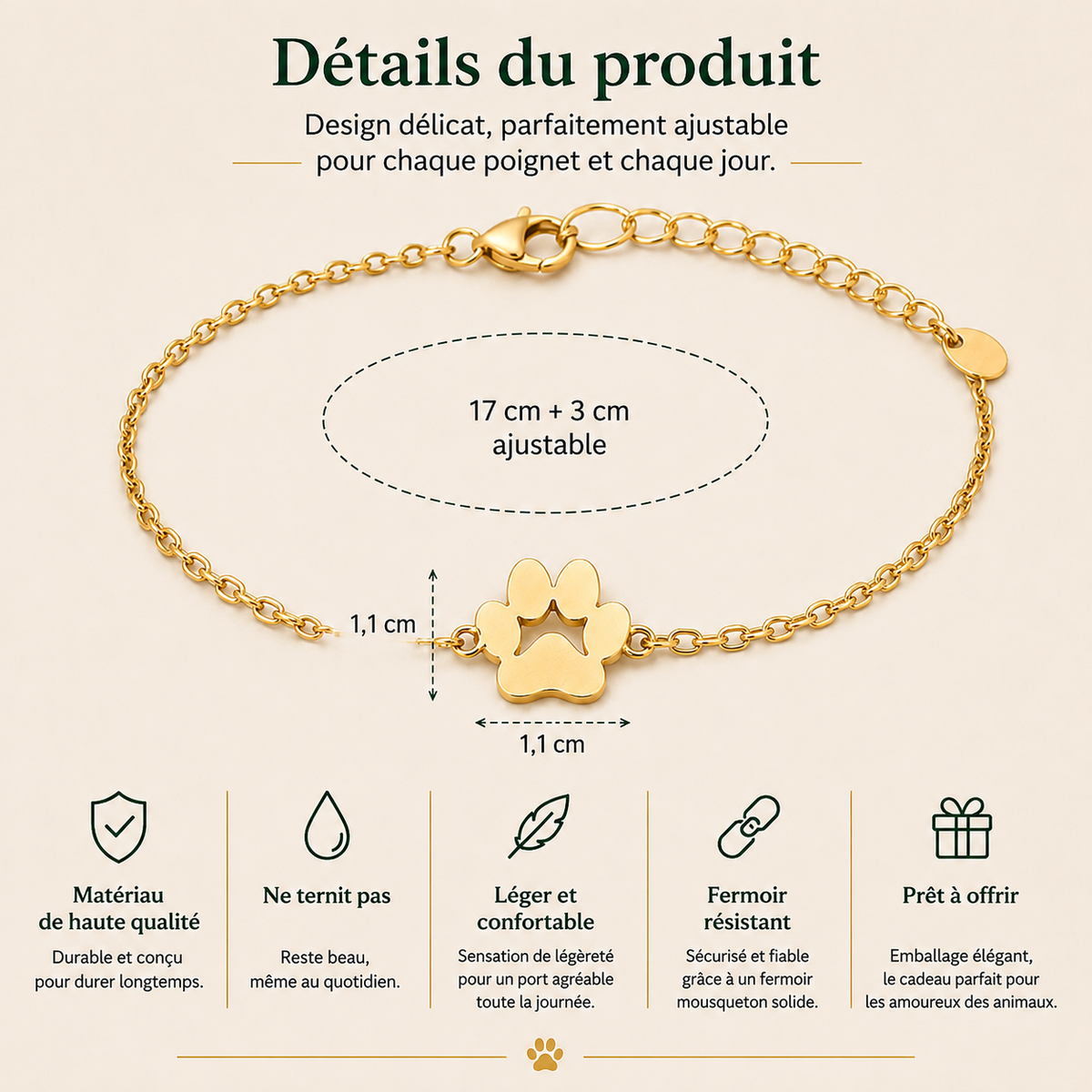 Gepersonaliseerde Armband met Hondenpootafdruk Verstelbaar Roestvrij Staal Zilver Goud Rosé Hondenliefhebber | Sulvida