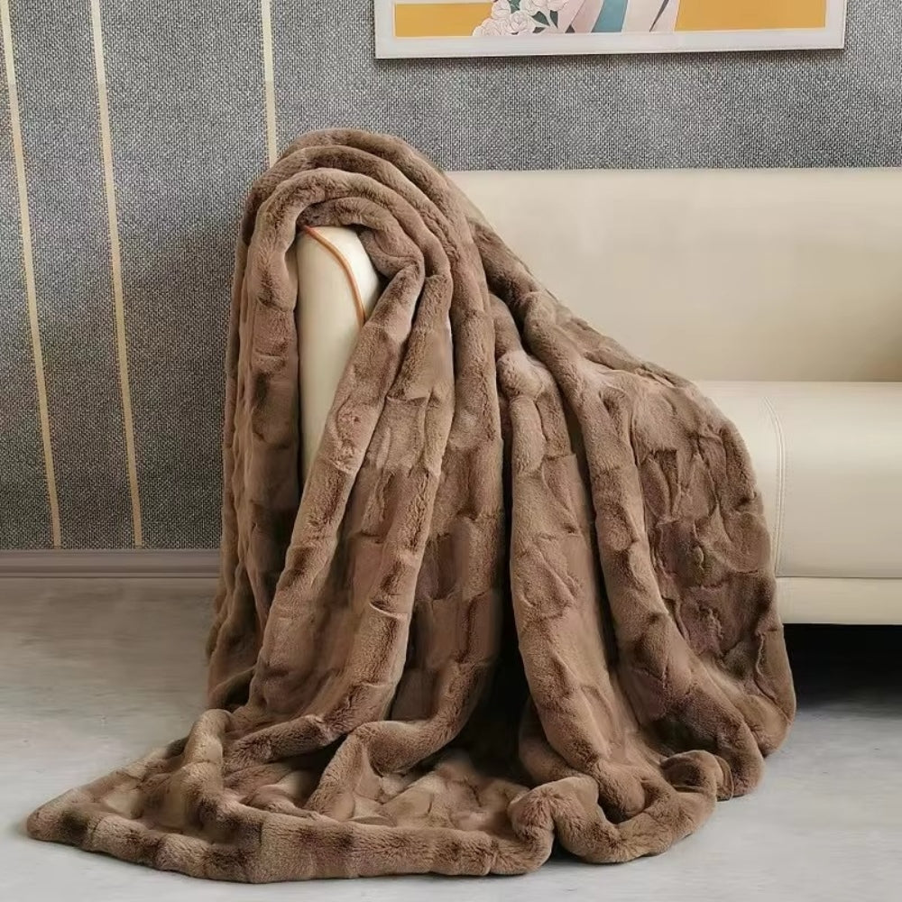 Zachte Dubbellaagse Plaid Mokkabruin Imitatiebont Deken Woonkamer Slaapbank Bed Decoratief Warm Gezellig | Sulvida