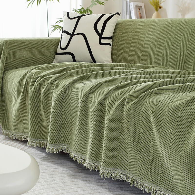 Chenille Plaid Visgraatmotief Franjes Woonkamer Bankovertrek Beschermer Luxe Deken Wit Grijs Decoratief | Sulvida