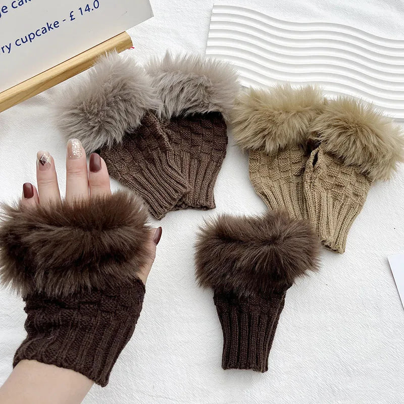 Vingerloze Handschoenen Dames Faux Fur Winter Pluche Wanten Gebreide Warme Touchscreen Winterhandschoenen | Sulvida