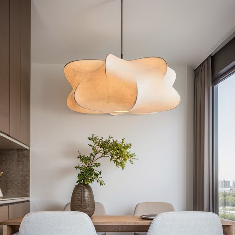 Zijden hanglamp met Japans geïnspireerd design LED warm wit licht voor woonkamer eetkamer salon modern interieur | Sulvida