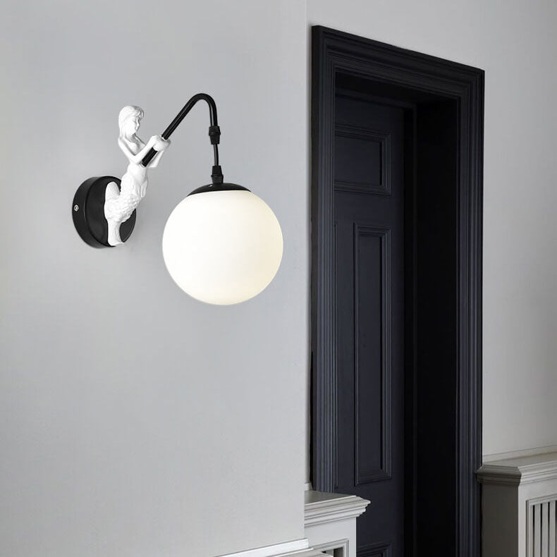 Retro Wandlamp Zeemeermin met Glazen Bol Zwart Goud Brons Landelijke Stijl Vintage Sfeerlicht Verlichting | Sulvida