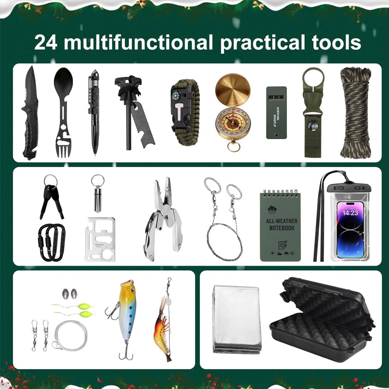 Calendrier de l’Avent kit de survie 24 cases, outils de plein air, équipement de bushcraft et de camping, cadeau de survie en pleine nature | Sulvida