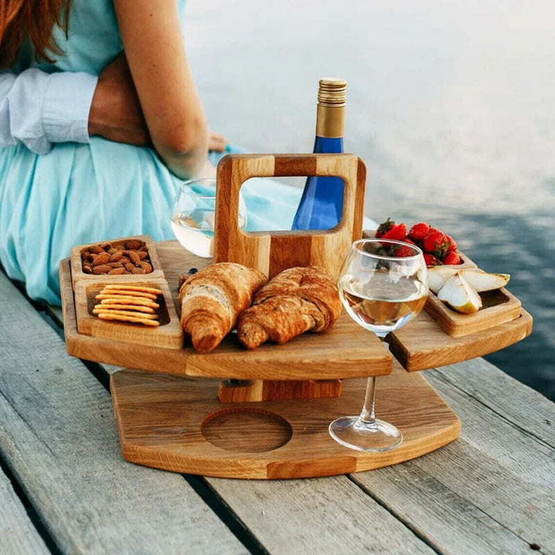Opvouwbare Picknicktafel Eikenhout – Draagbare Wijnhouder met Vakken voor Strand Tuin Picknick Camping | Sulvida
