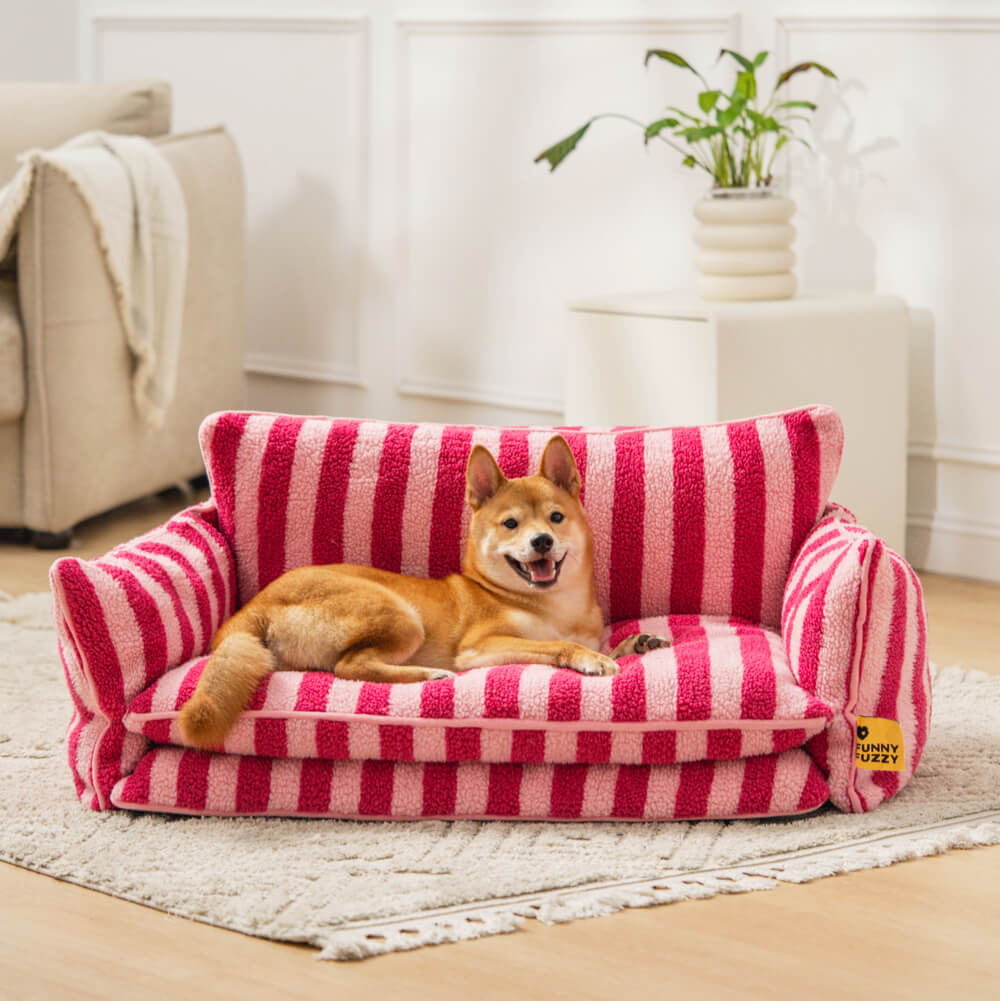 Huisdiersofa Gestreept Imitatiebont Dubbellaags Kussen Hond Kat Rustplaats Huisdierbed Klein tot Groot | Sulvida