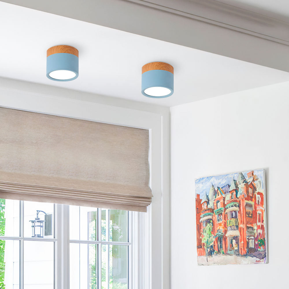 Compacte plafondspot aluminium hout rond warm wit LED verlichting hal woonkamer eetkamer modern Scandinavisch | Sulvida