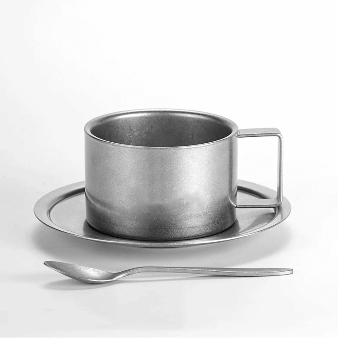 Retro Rvs Koffiekopje met Schotel en Lepel 304 Roestvrij Staal Dubbelwandig Warmte-isolerend Koffieglas | Sulvida