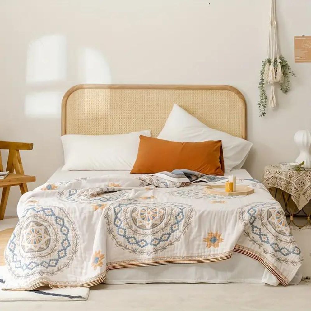 Katoenen Plaid met Mandalapatroon Naturel 150×200 Bohemian Deken Woonkamer Bank Sofa Picknick Decoratie | Sulvida