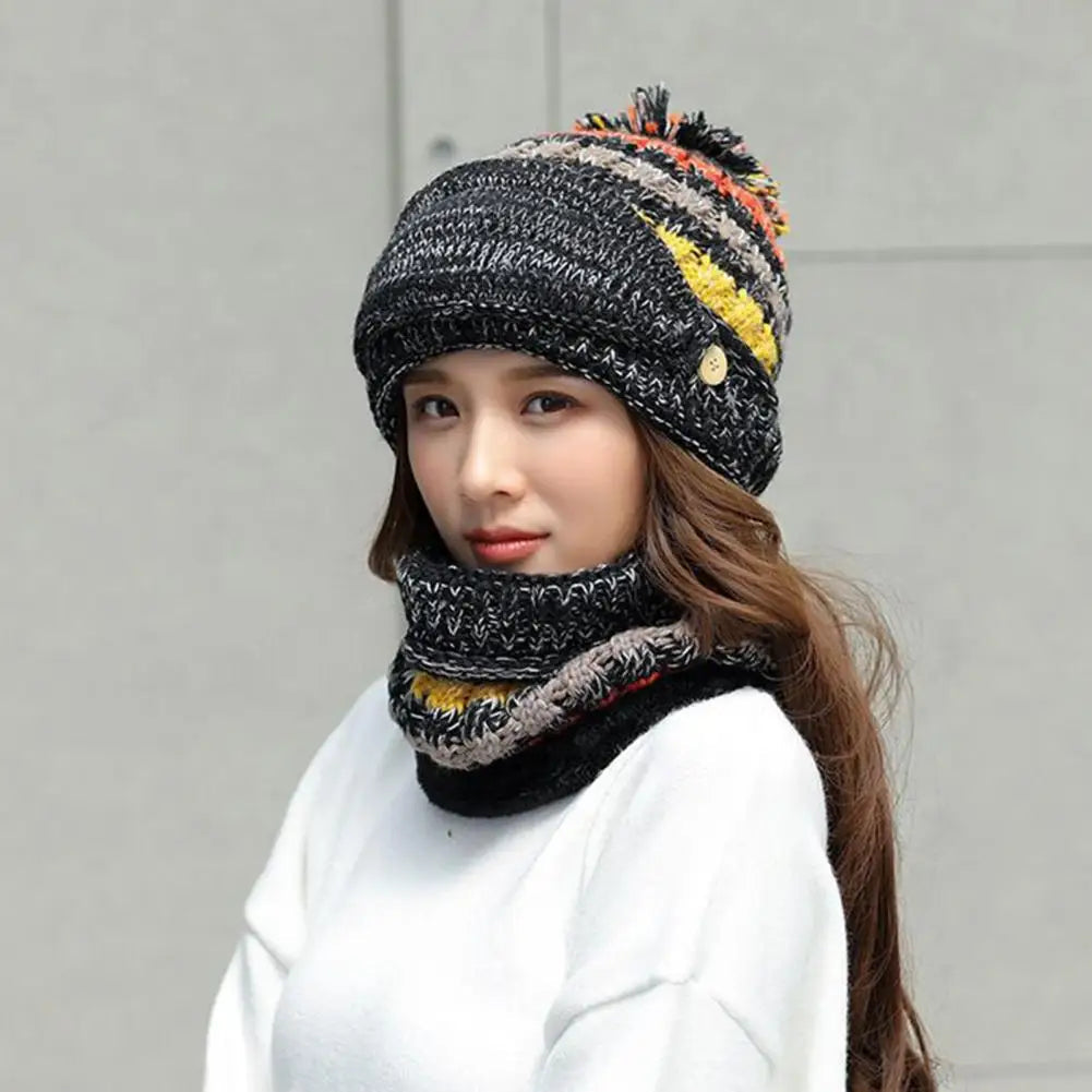 Gebreide Muts Sjaalset met Fluwelen Voering Winteraccessoires Dames Pompom Beanie Warme Hoofdbedekking Sjaal | Sulvida
