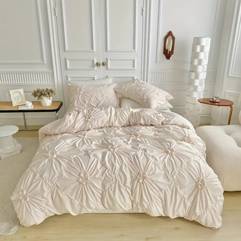 Ruffled Dekbedovertrek Set met Plooiwerk | Microfiber Beddengoed Luxe Bloem Design Tweepersoons Queen King | Sulvida