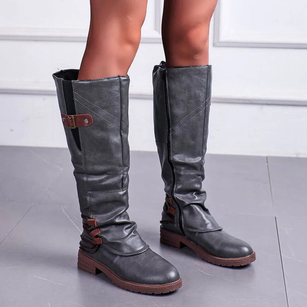 Leren Ritslaarzen voor Dames Vintage Comfortabel Halfhoog Winterschoenen met Warme Voering en Platte Zool | Sulvida