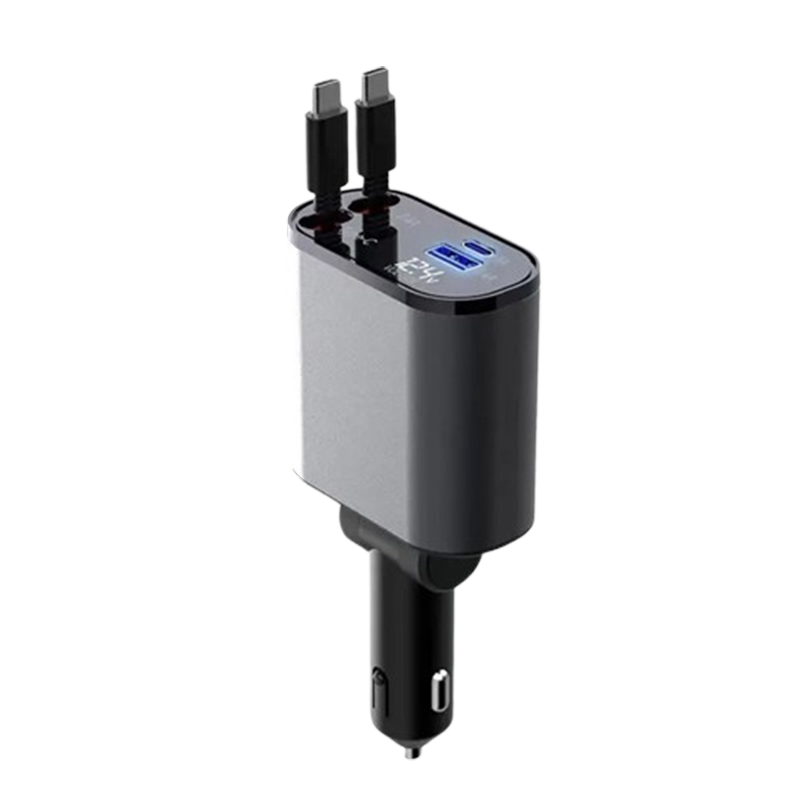 Chargeur de voiture 4-en-1 avec câble rétractable Type-C Lightning, charge rapide, 80cm, universel 12-24V | Sulvida