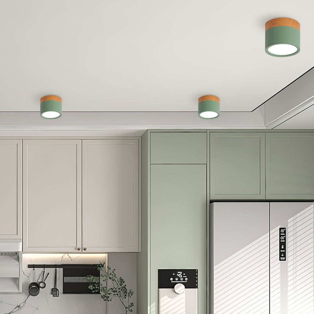 Compacte plafondspot aluminium hout rond warm wit LED verlichting hal woonkamer eetkamer modern Scandinavisch | Sulvida