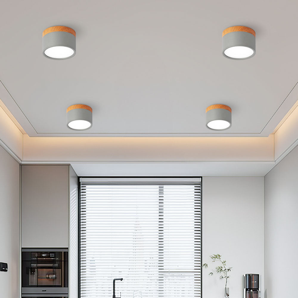 Compacte plafondspot aluminium hout rond warm wit LED verlichting hal woonkamer eetkamer modern Scandinavisch | Sulvida