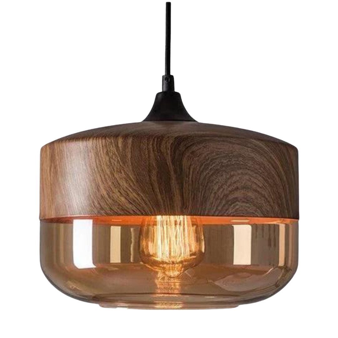 Scandinavische Hanglamp met Glazen Kap en Houtlook Armatuur – Dimbare Verlichting voor Eetkamer Woonkamer Slaapkamer – Verstelbare Hoogte en Warme Lichtverspreiding – Tijdloos Design | Sulvida