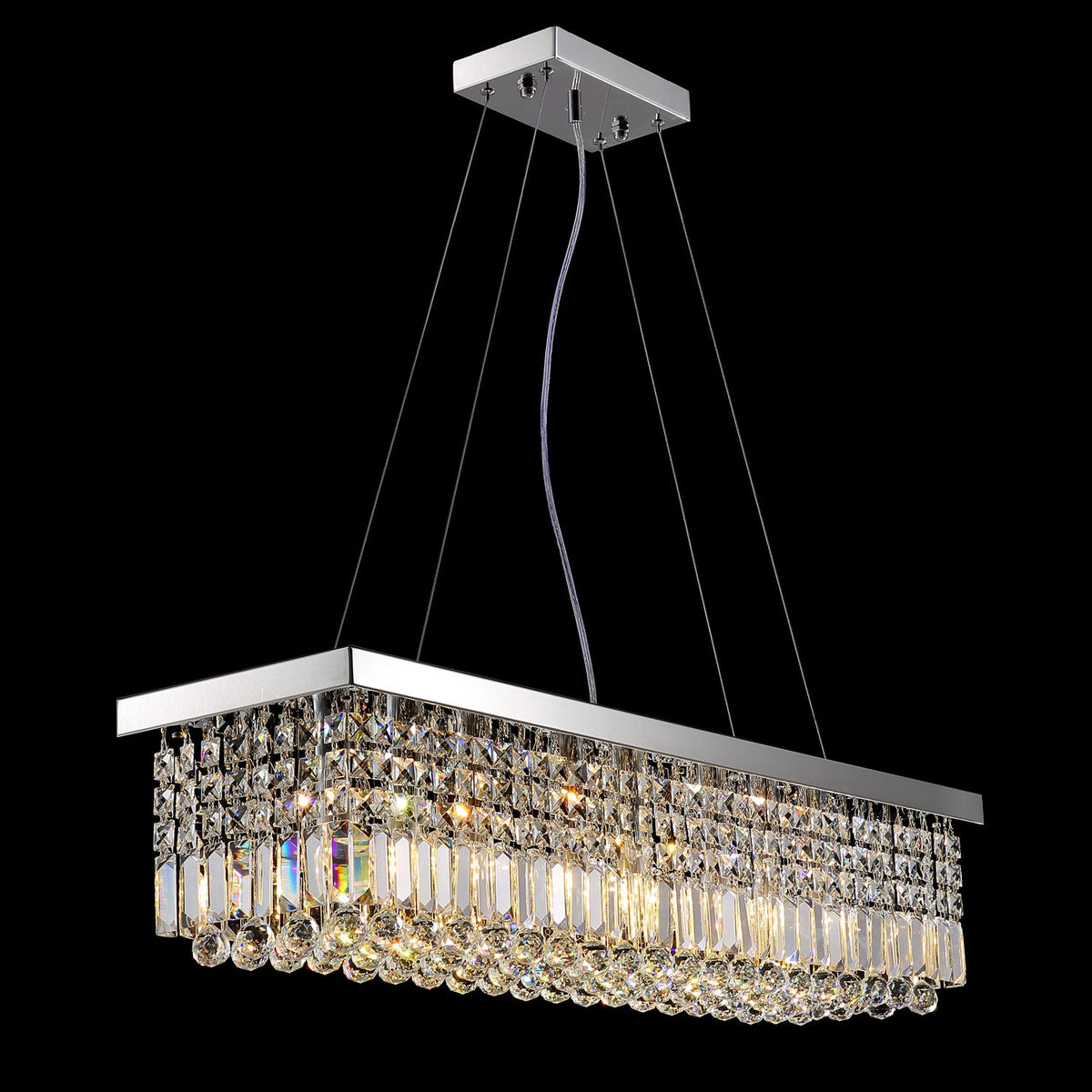 Rechthoekige kristallen hanglamp met regendruppeleffect chroom E12 fitting voor eetkamer keuken woonkamer | Sulvida