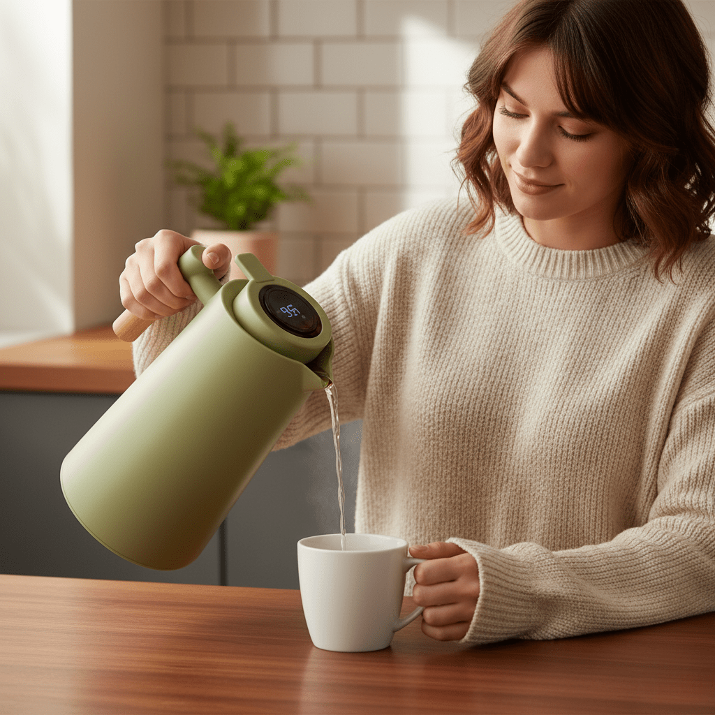 Thermosfles dubbele wand met temperatuurweergave en houten handvat 1 liter voor koffie thee water onderweg | Sulvida