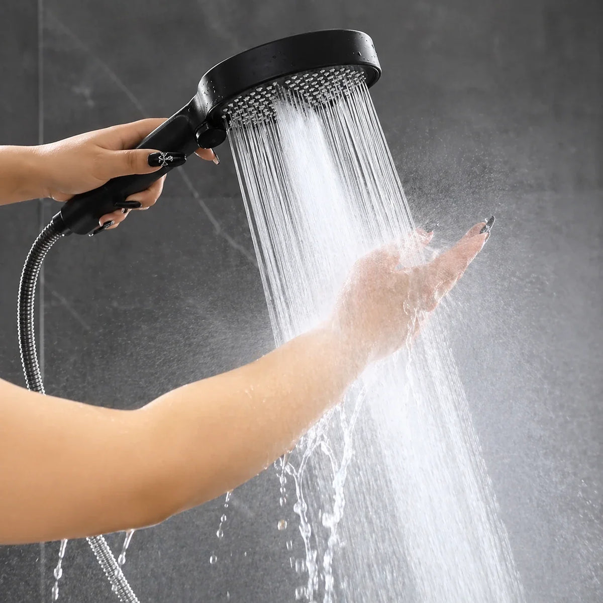 Handdouche met Zeven Standen Zwart Zilver Drukverhogend Verstelbaar Waterbesparend Douchekop Badkamer | Sulvida