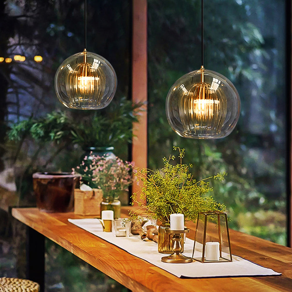 Glazen Hanglamp Bol Transparant & Amber Met Metalen Fitting E26/E27 Moderne Verlichting Eetkamer Slaapkamer | Sulvida