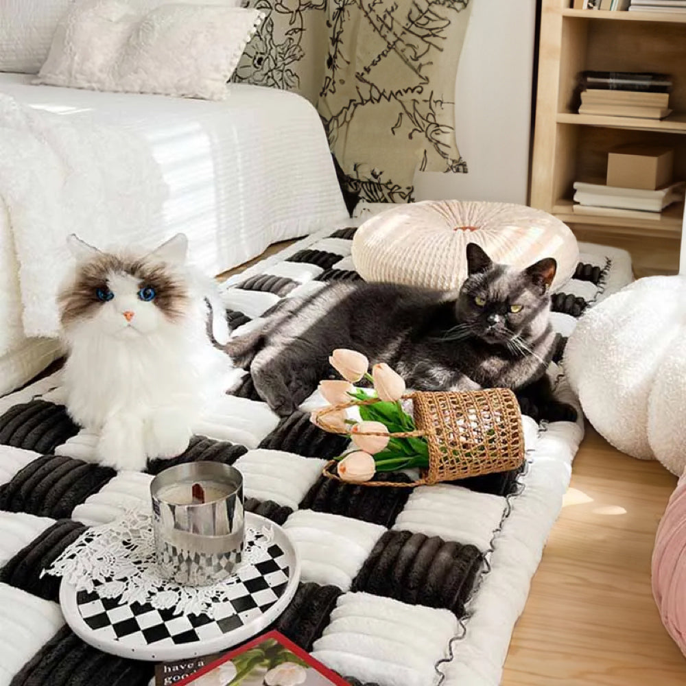 Chenille Huisdierenmat Vierkant Geruit Crème 50x50 cm Anti-slip Wasbaar Hondendeken Kattenmat Beschermer | Sulvida