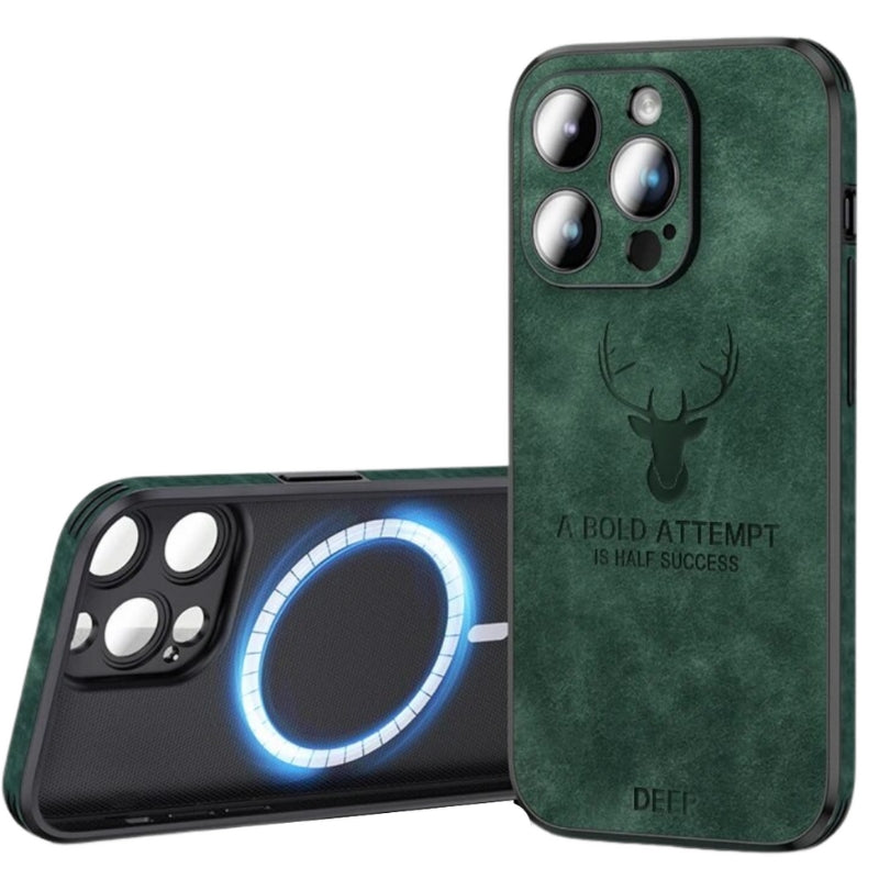 Lederen iPhone hoesje in wildleder met verhoogde kamerarand stofdempende bescherming en duurzame afwerking | Sulvida