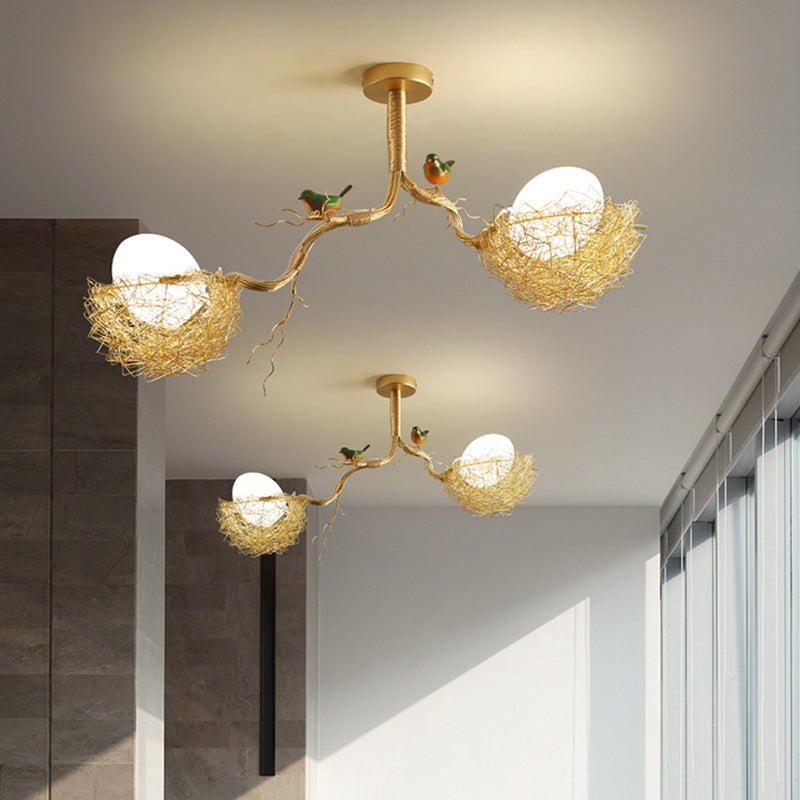 Hanglamp glazen bol met vogelnest goudkleurig melkwit 1 2 3 lichtpunten art deco eettafel kroonluchter | Sulvida