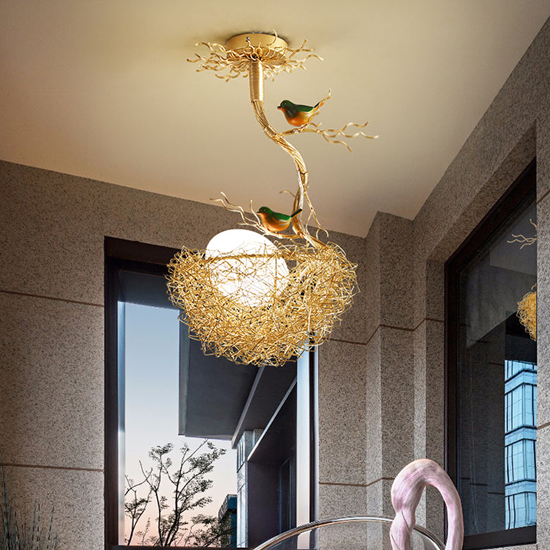 Hanglamp glazen bol met vogelnest goudkleurig melkwit 1 2 3 lichtpunten art deco eettafel kroonluchter | Sulvida
