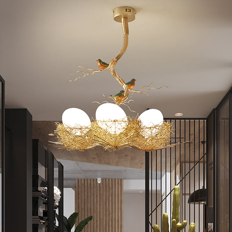 Hanglamp glazen bol met vogelnest goudkleurig melkwit 1 2 3 lichtpunten art deco eettafel kroonluchter | Sulvida