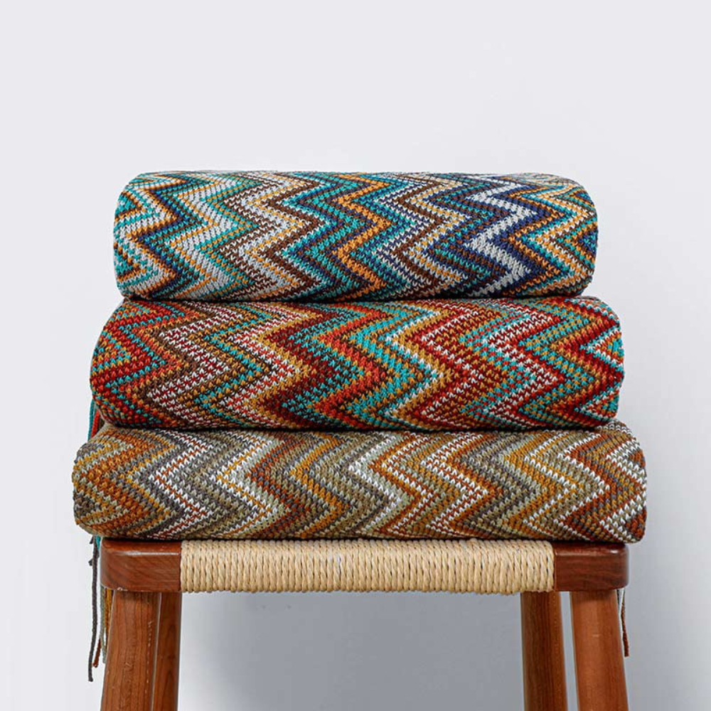Gebreide plaid met zigzag patroon en franje meerkleurig zacht acryl voor bank bed en decoratie woonkamer | Sulvida